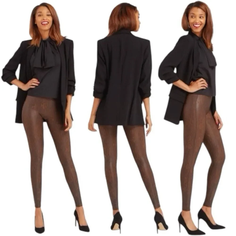 Spanx Faux Leather Snakeskin Leggings. High Rise. Brown. Sz L